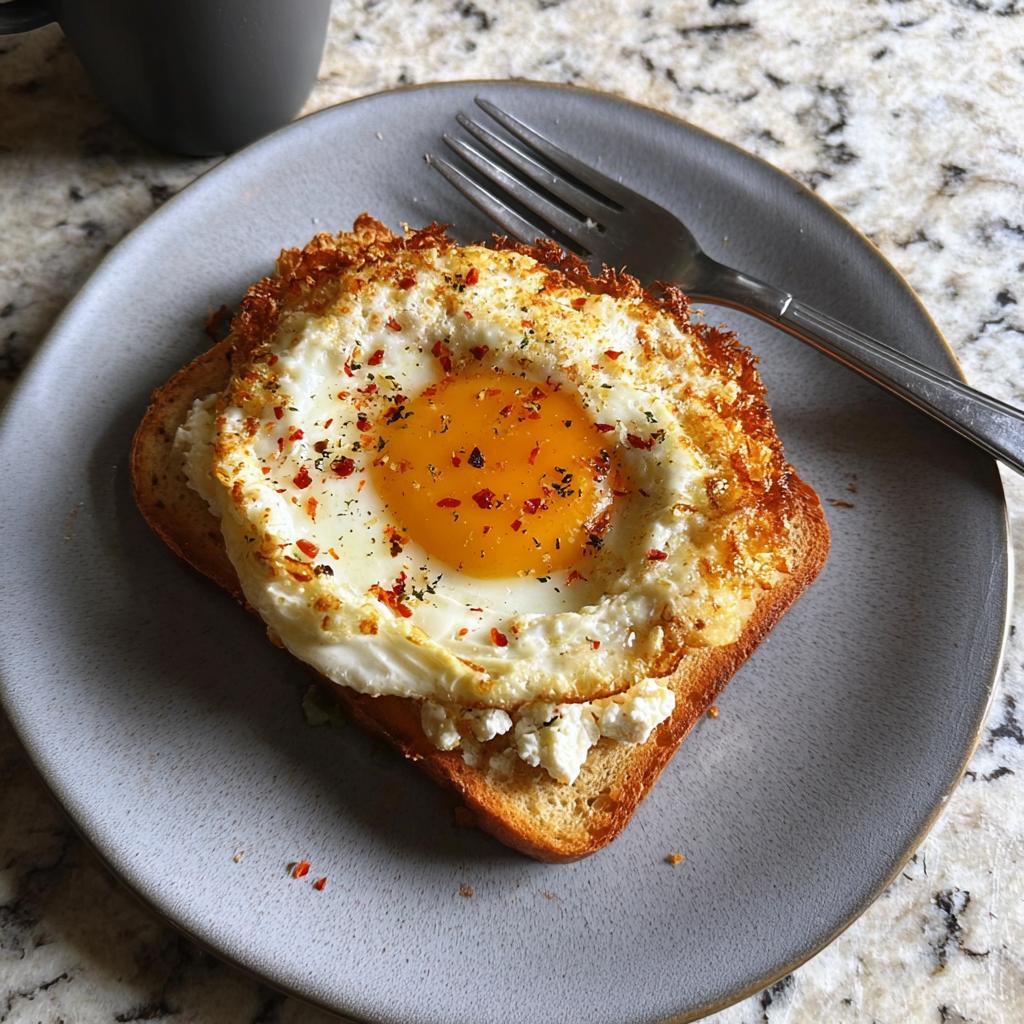 A perfectly fried egg with a crispy feta cheese crust, served on toast with chili flakes.