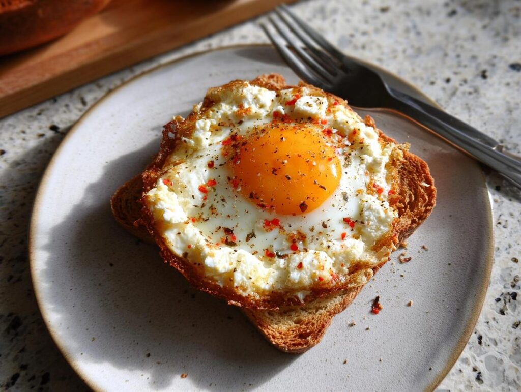A single serving of crispy feta fried eggs on toast, seasoned with red pepper flakes and black pepper.