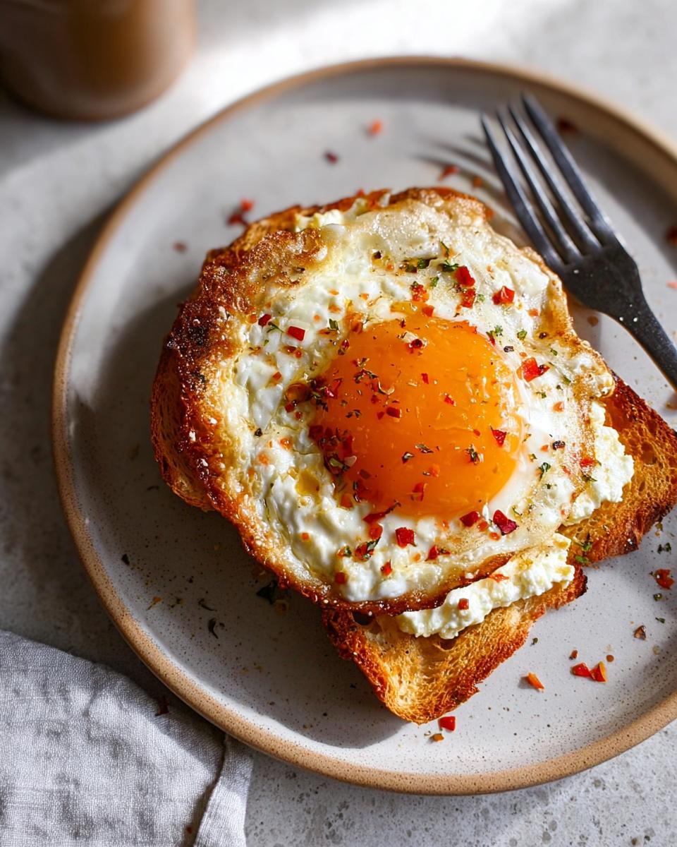 A delicious serving of Crispy Feta Fried Eggs on toasted bread, sprinkled with chili flakes.