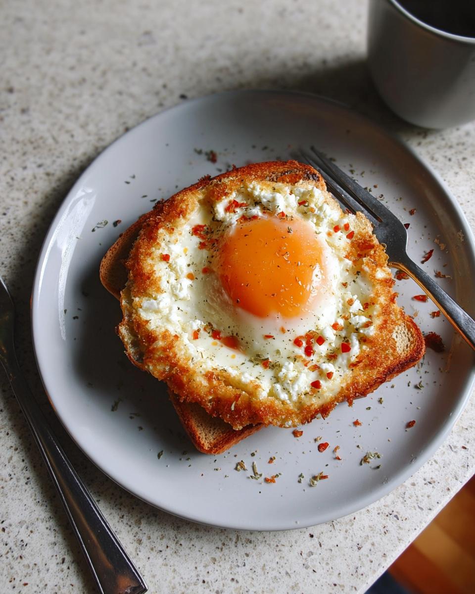 A perfectly cooked Crispy Feta Fried Egg nestled in toasted bread, sprinkled with chili flakes and herbs.