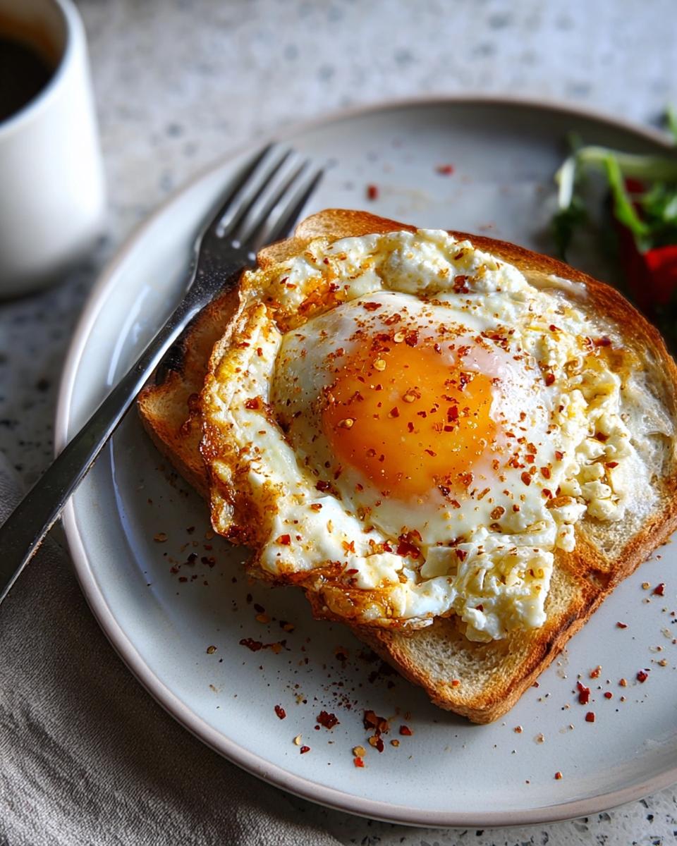 A close-up of crispy feta fried eggs served on toast, sprinkled with red pepper flakes.