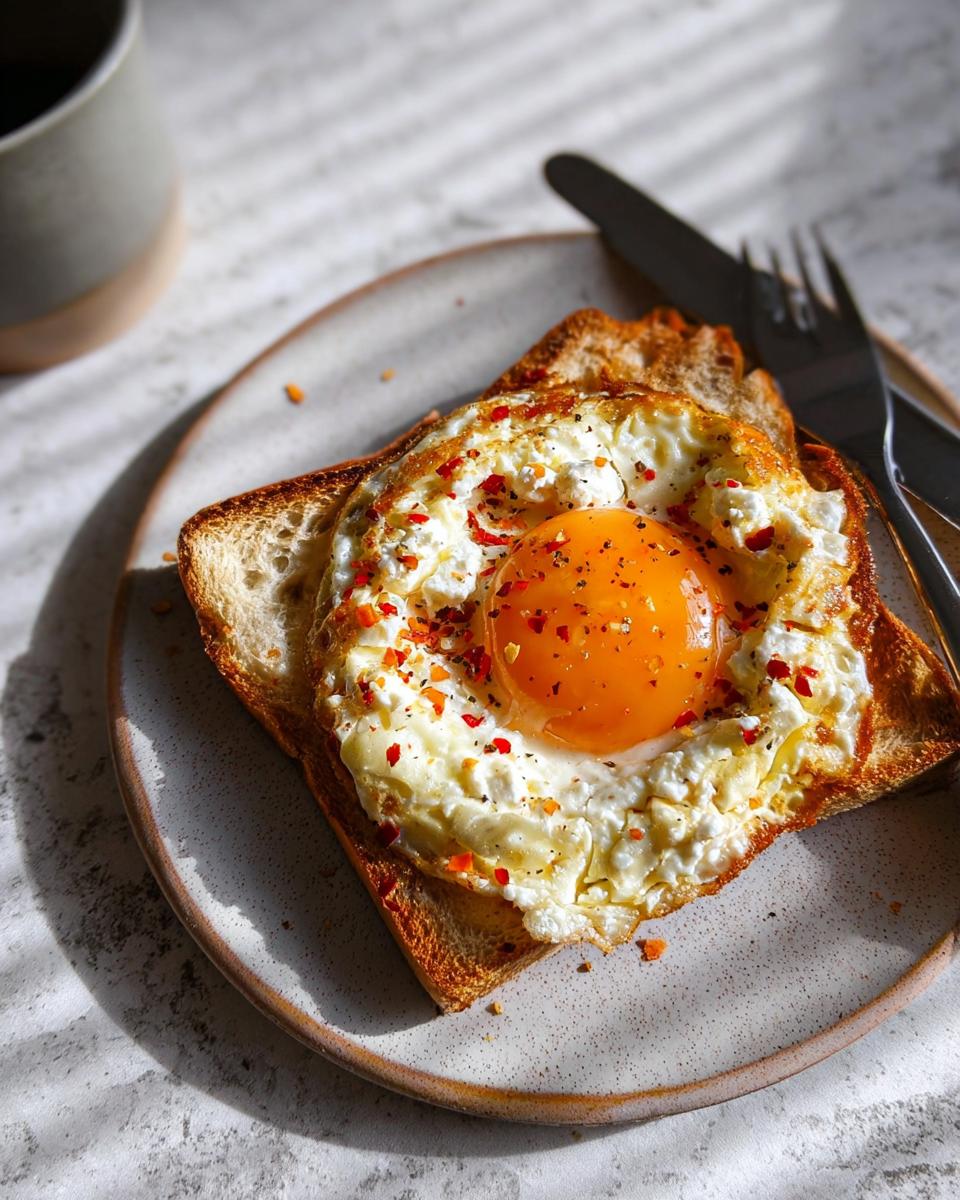 A perfectly cooked crispy feta fried egg with a runny yolk sits atop toasted bread, sprinkled with chili flakes.