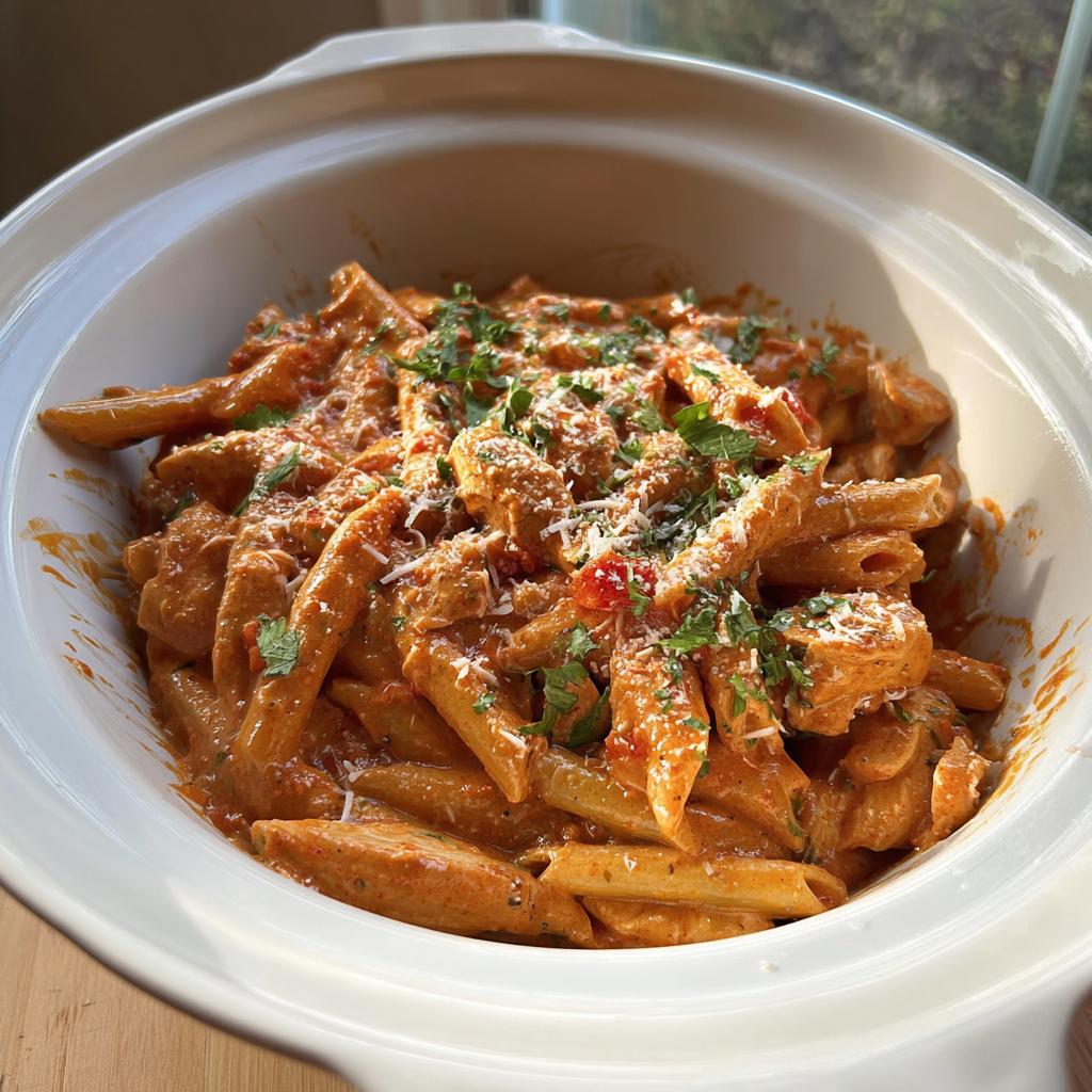 A close-up of Crock Pot Creamy Cajun Chicken Pasta in a white serving dish, garnished with parsley and parmesan.