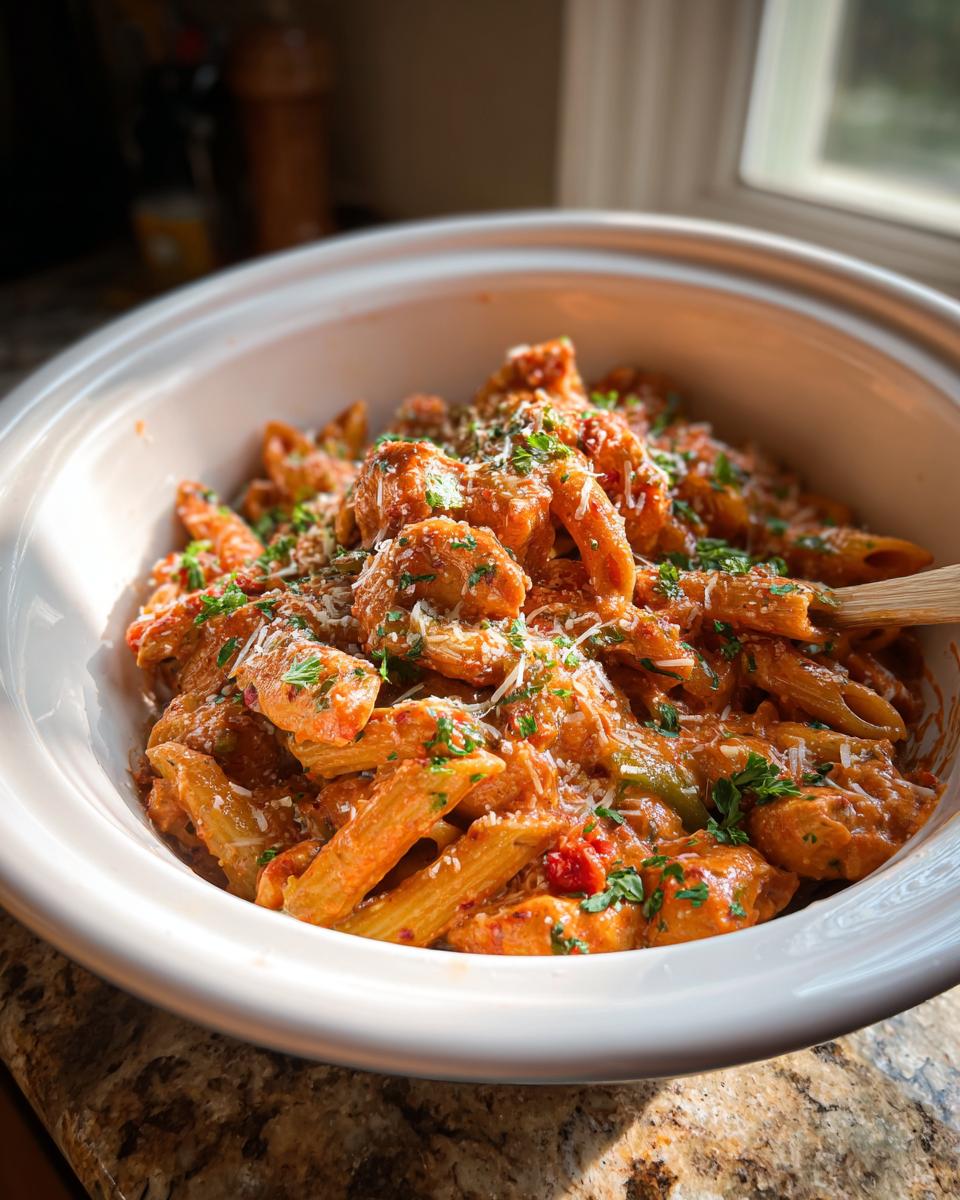 A bowl of Crock Pot Creamy Cajun Chicken Pasta, garnished with parsley and parmesan cheese.
