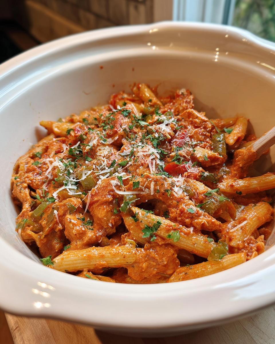 A close-up of Crock Pot Creamy Cajun Chicken Pasta in a white bowl, garnished with parsley and cheese.