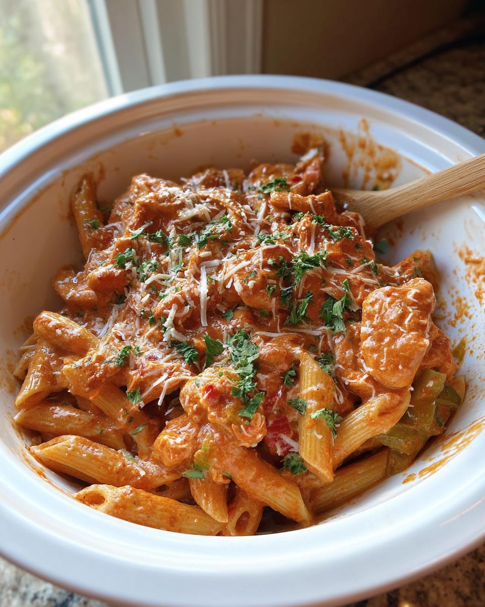 A close-up of Crock Pot Creamy Cajun Chicken Pasta in a white dish, garnished with parsley and cheese.