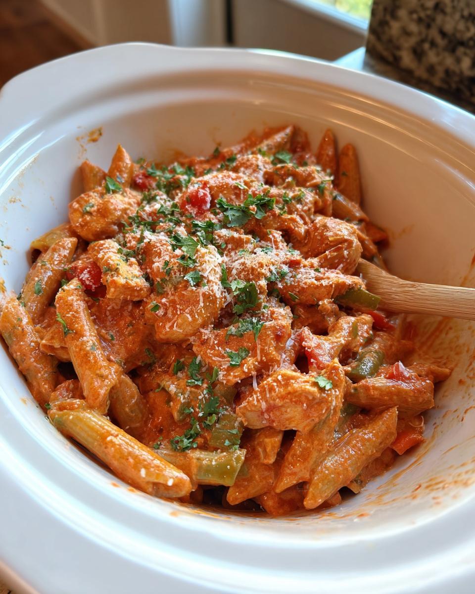 A close-up of Crock Pot Creamy Cajun Chicken Pasta in a white bowl, topped with shredded cheese and parsley.