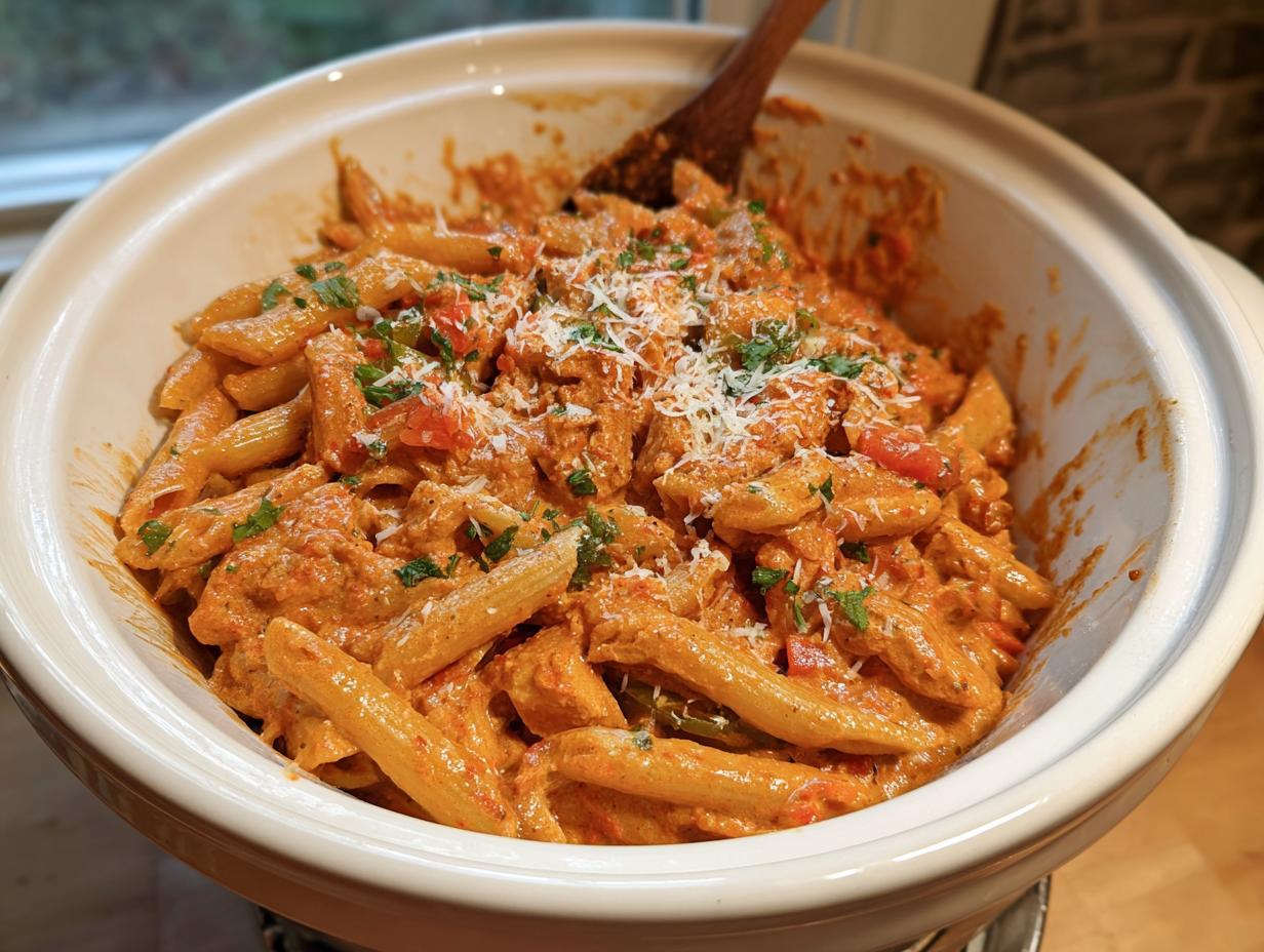 A close-up of Crock Pot Creamy Cajun Chicken Pasta in a white serving dish, garnished with shredded cheese and parsley.