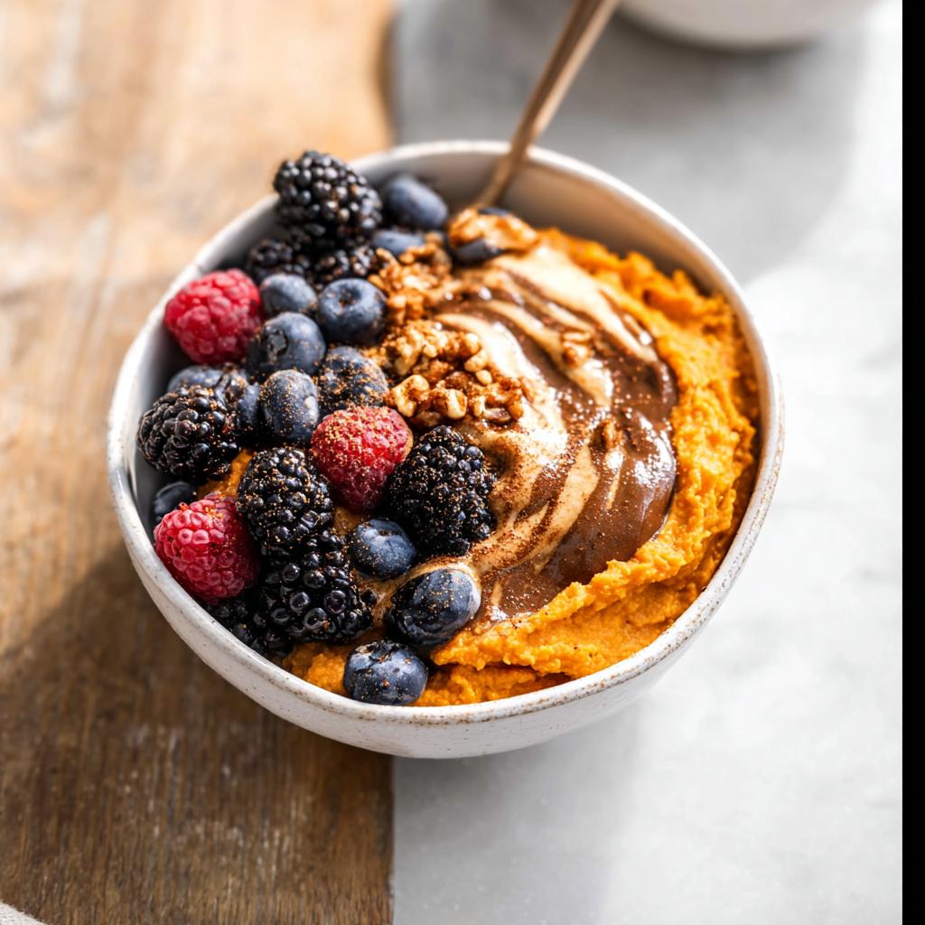 A Delicious Sweet Potato Breakfast Bowl topped with mixed berries, nut butter swirl, and walnuts.