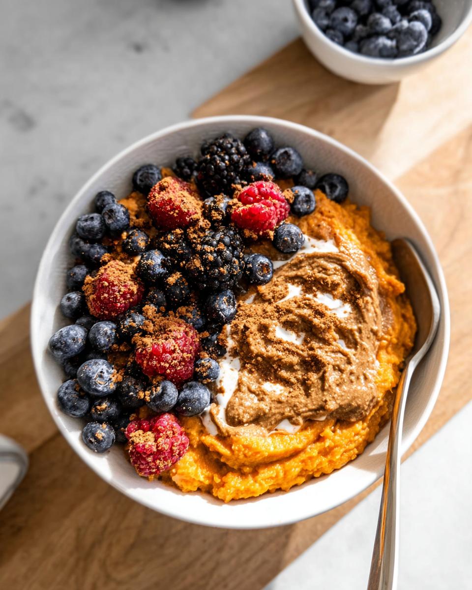 A Delicious Sweet Potato Breakfast Bowl topped with fresh berries, almond butter, and cinnamon.