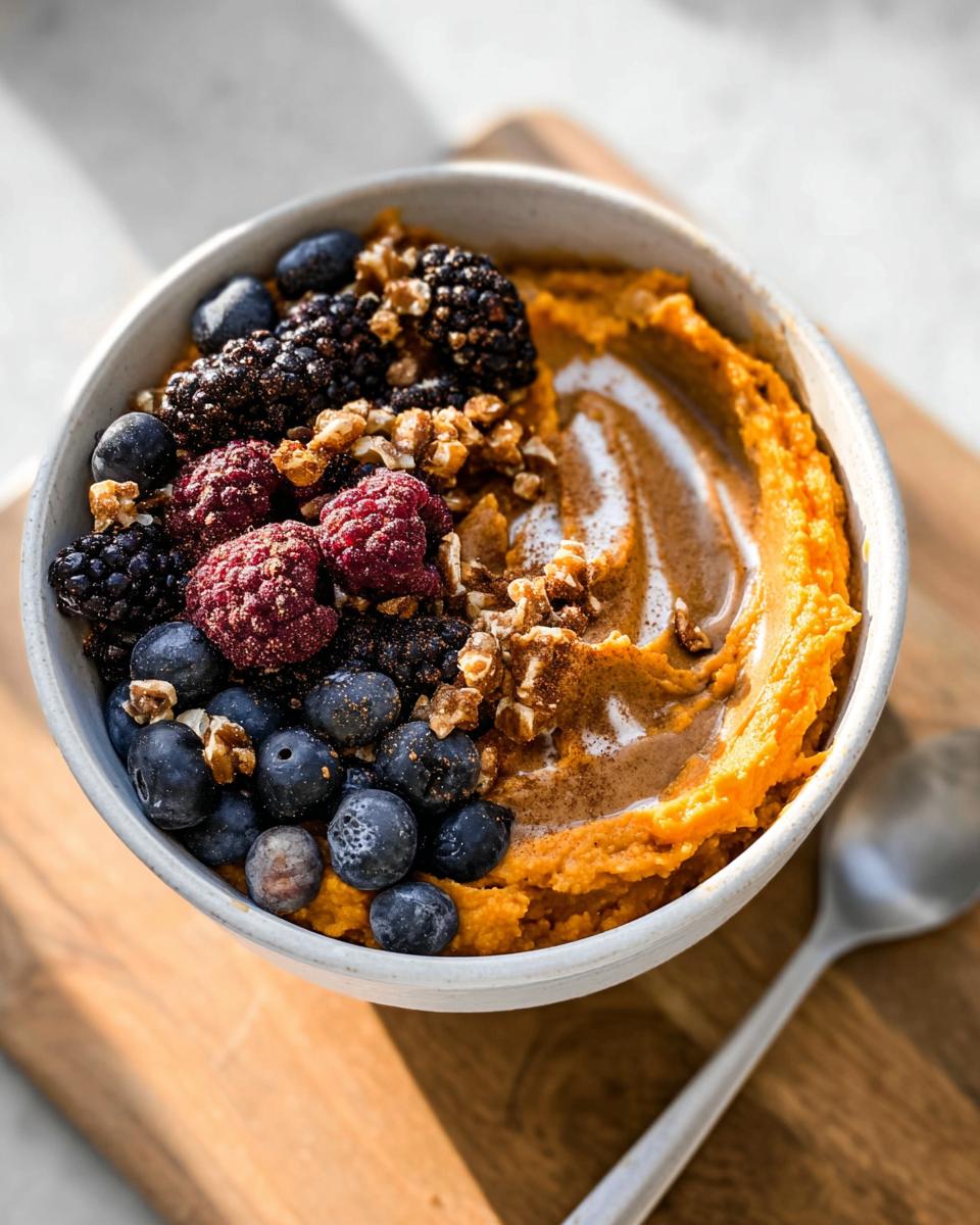 A Delicious Sweet Potato Breakfast Bowl topped with fresh berries, nuts, and a swirl of almond butter.