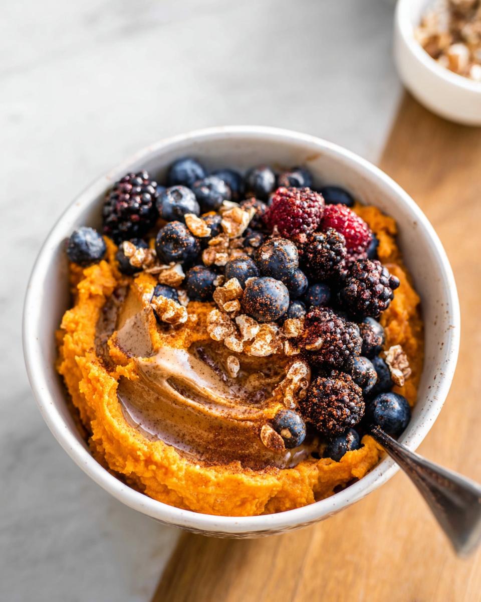 A Delicious Sweet Potato Breakfast Bowl topped with creamy nut butter, fresh berries, and granola.