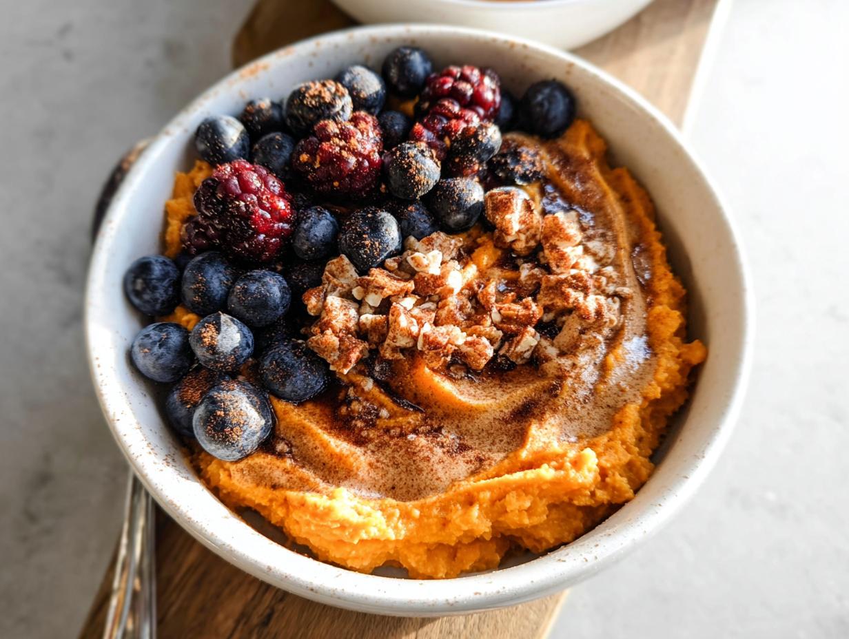 A Delicious Sweet Potato Breakfast Bowl topped with fresh blueberries, raspberries, and chopped nuts.