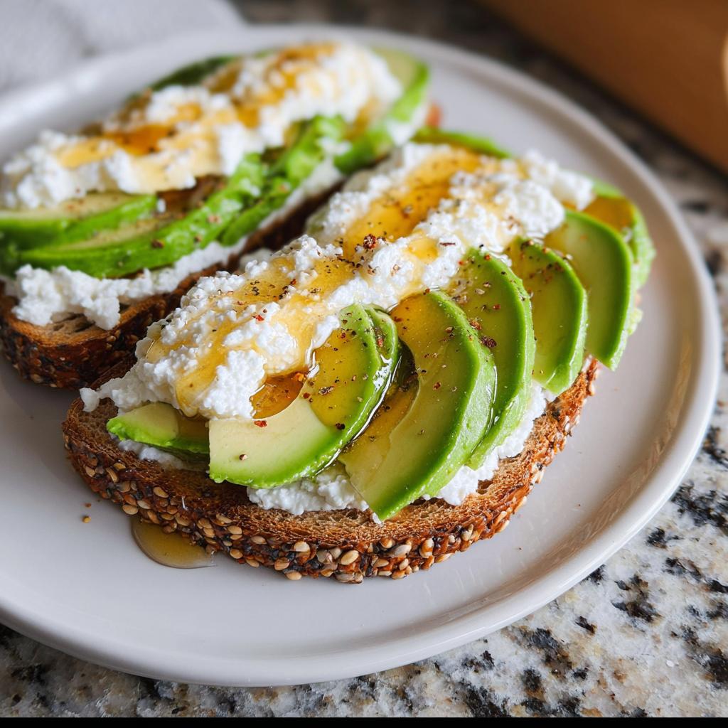 Two slices of EASY Avocado Toast with Cottage Cheese & Honey, topped with fresh avocado slices, creamy cottage cheese, and a drizzle of honey.