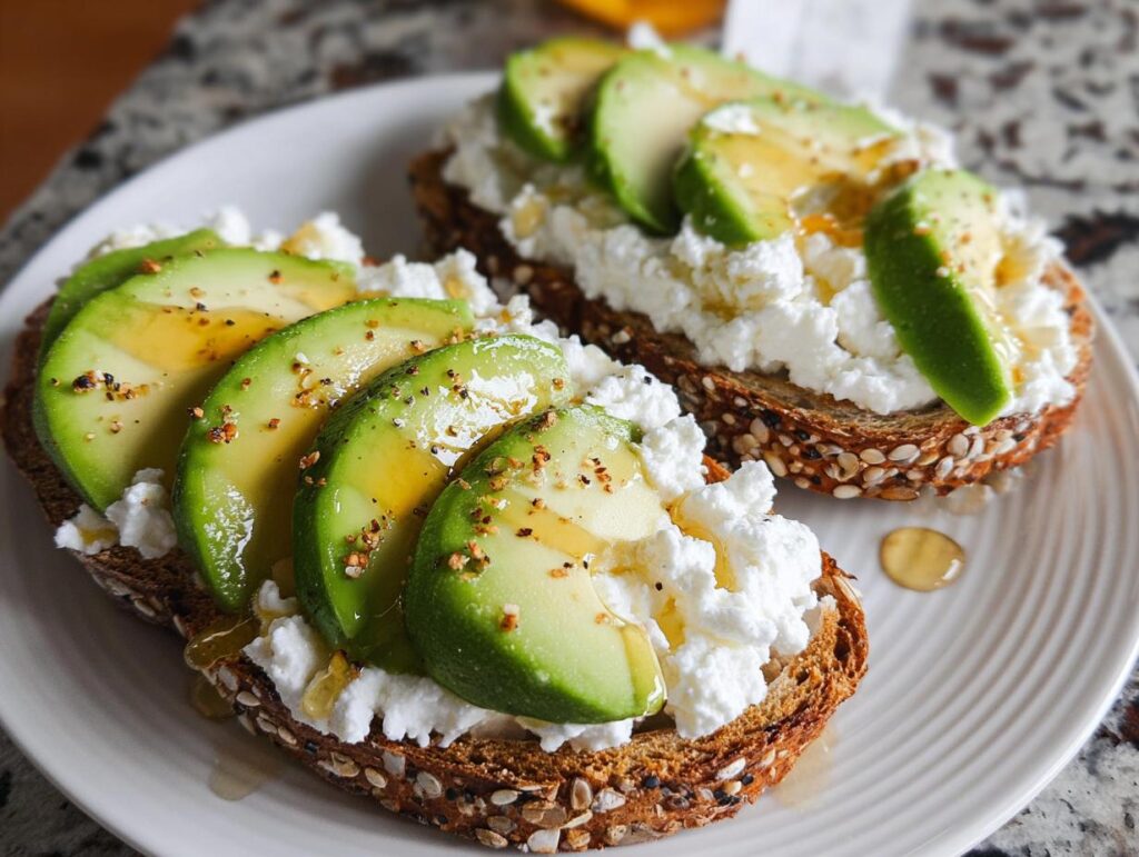 Two slices of EASY Avocado Toast with Cottage Cheese & Honey on a white plate, topped with fresh avocado slices and drizzled with honey.