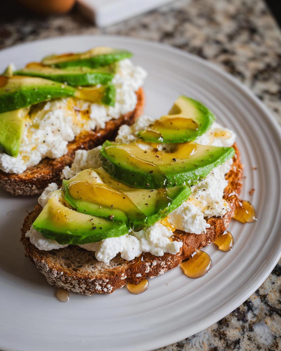 Two slices of EASY Avocado Toast with Cottage Cheese & Honey, topped with fresh avocado slices and drizzled with honey.