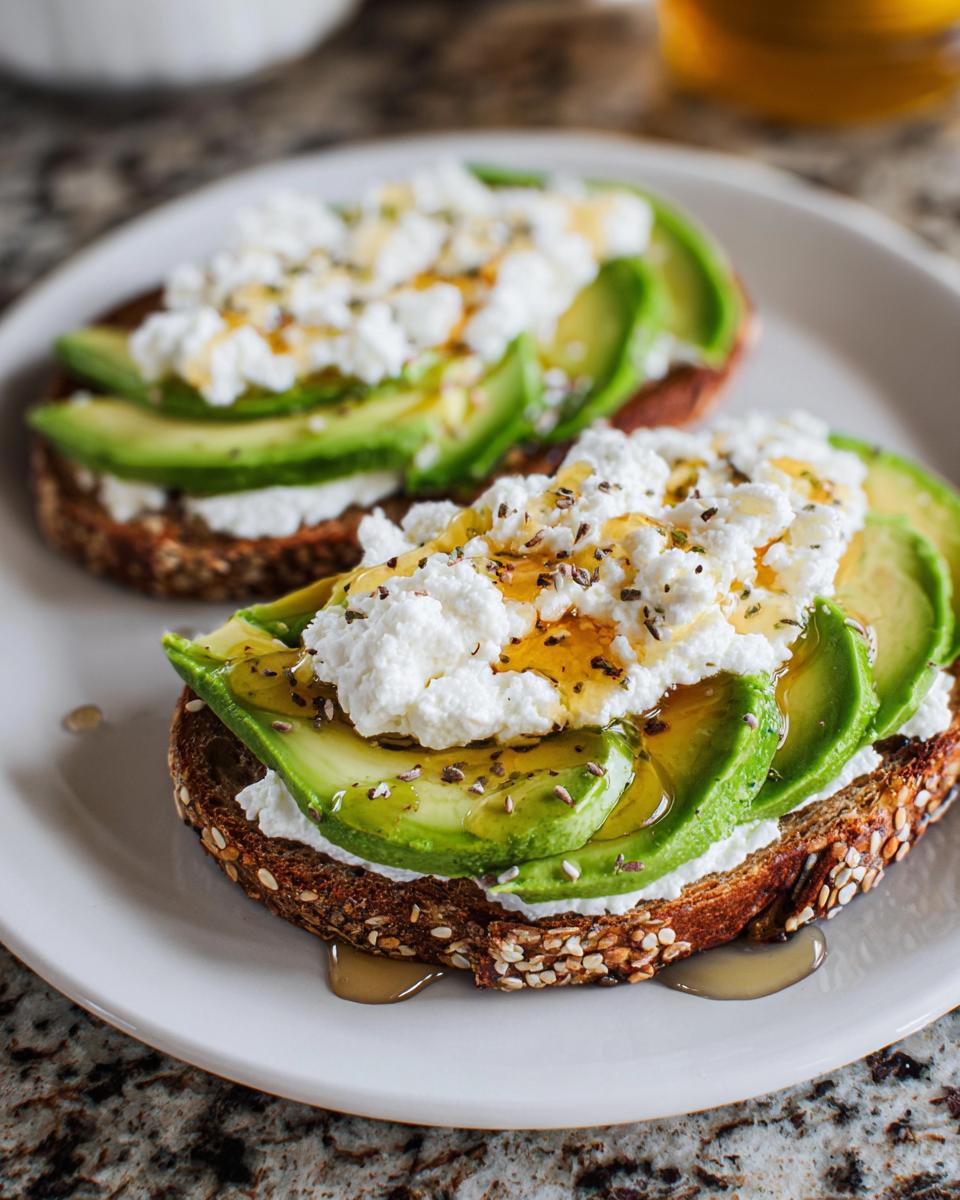 Two slices of EASY Avocado Toast with Cottage Cheese & Honey on a white plate, topped with fresh avocado, creamy cottage cheese, and drizzled with honey.