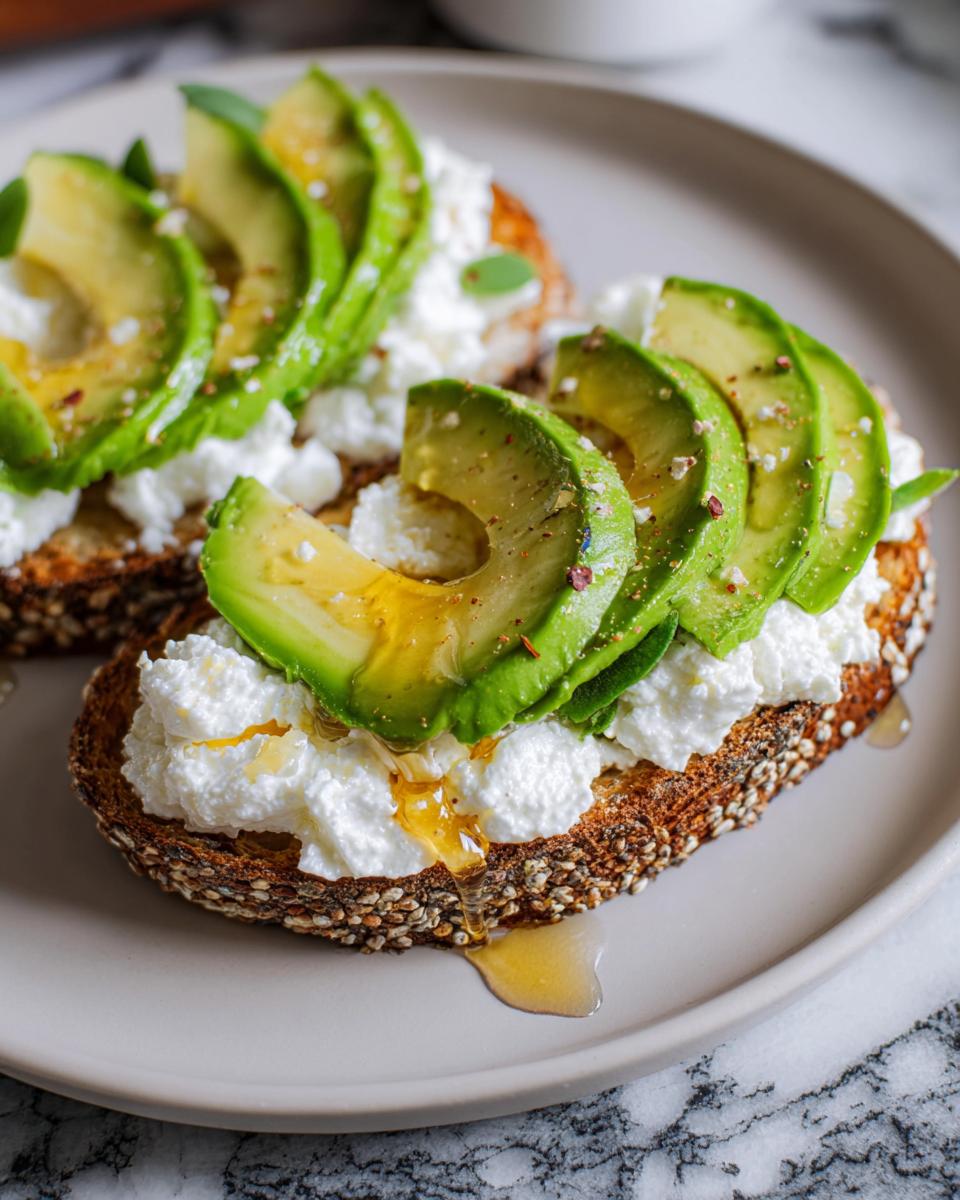 Close-up of EASY Avocado Toast with Cottage Cheese & Honey, topped with sliced avocado, creamy cottage cheese, and drizzled honey.