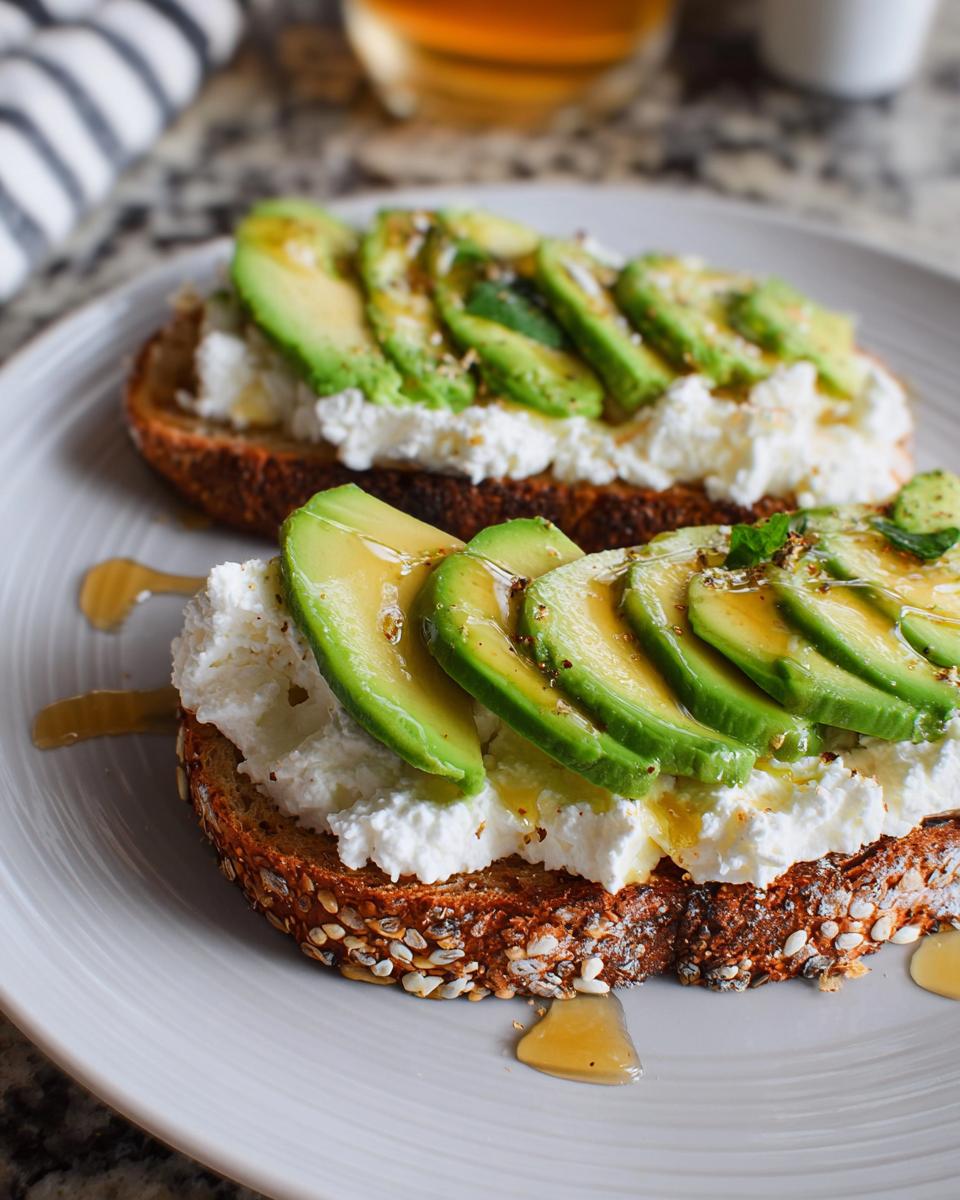 Two slices of whole-grain toast topped with cottage cheese, sliced avocado, and drizzled with honey. A healthy and EASY Avocado Toast.