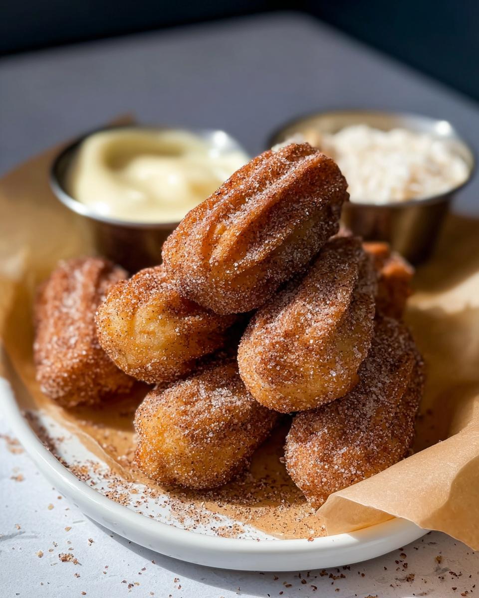 A pile of golden brown Easy Baked Churro Bites coated in cinnamon sugar, served with dipping sauces.