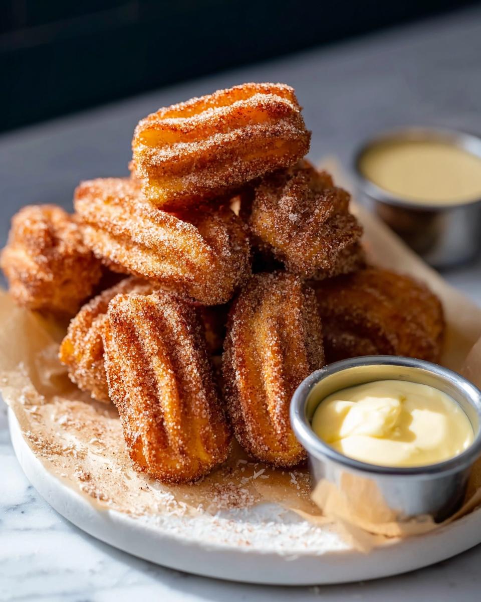 A pile of delicious Easy Baked Churro Bites coated in cinnamon sugar, served with a small dish of creamy dipping sauce.