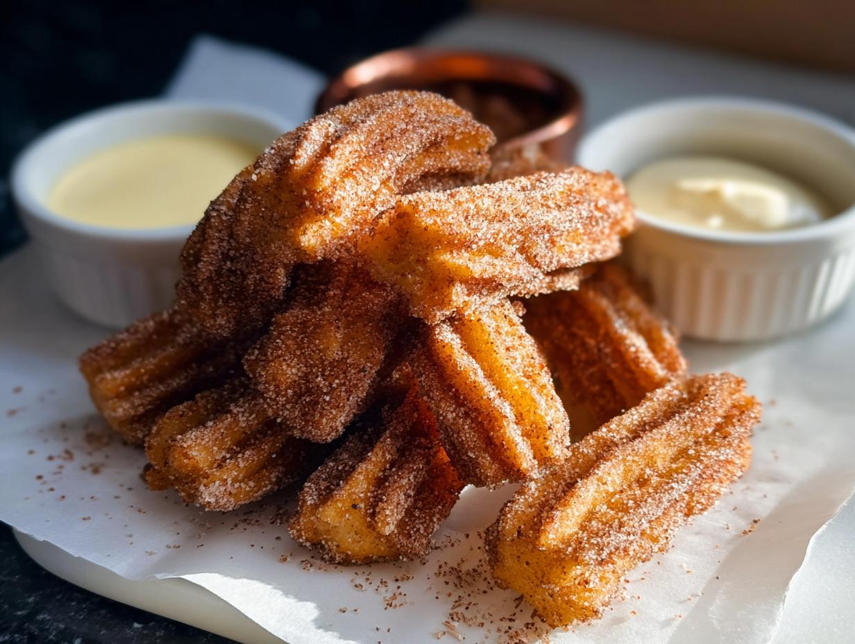 A pile of golden brown Easy Baked Churro Bites coated in cinnamon sugar, served with two dipping sauces.