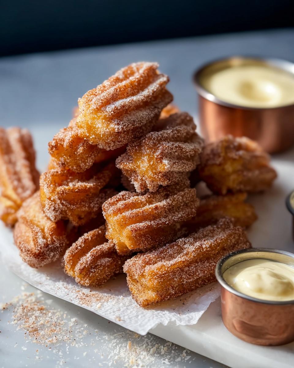 A close-up shot of a pile of golden brown Easy Baked Churro Bites, dusted with cinnamon sugar, with small copper bowls of dipping sauce.