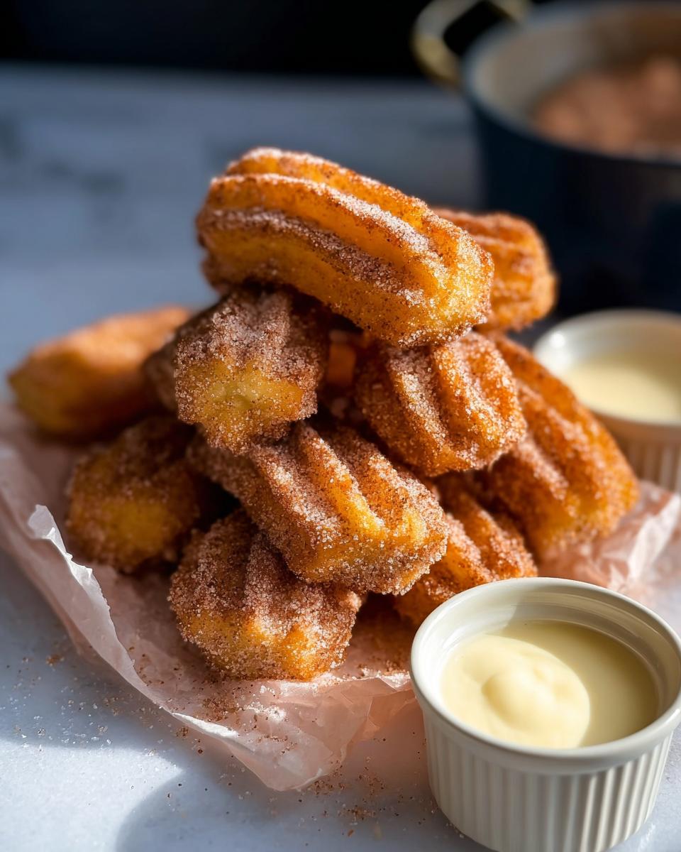 A close-up of a pile of golden brown, cinnamon-sugar coated Easy Baked Churro Bites, served with a creamy dipping sauce.