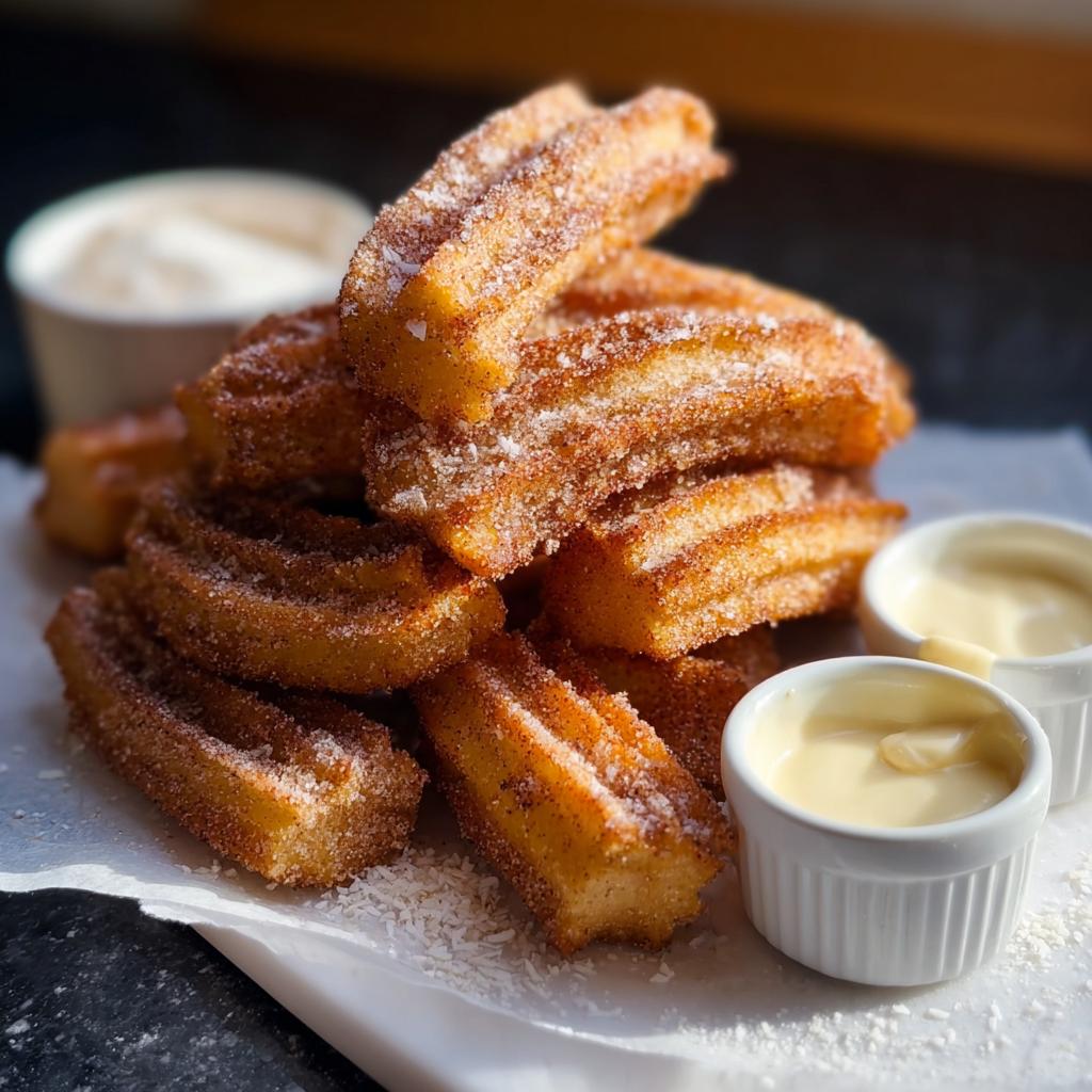 A close-up of a pile of Easy Baked Churro Bites, coated in cinnamon sugar, served with two small bowls of dipping sauce.