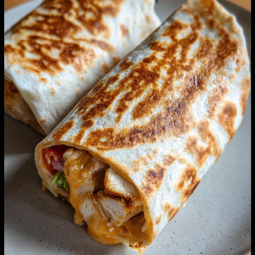 Close-up of an Easy Chipotle Ranch Grilled Chicken Burrito, showing grilled chicken, cheese, and fresh vegetables.