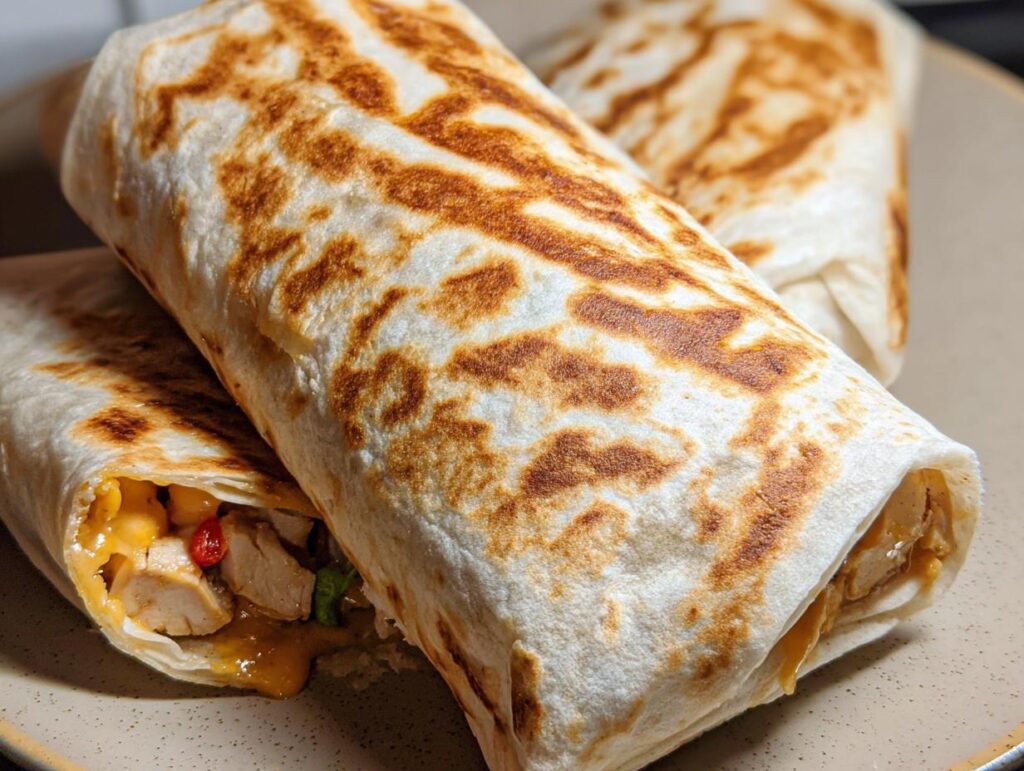 Close-up of two Easy Chipotle Ranch Grilled Chicken Burritos, showing the golden-brown tortilla and visible filling of chicken, corn, and sauce.