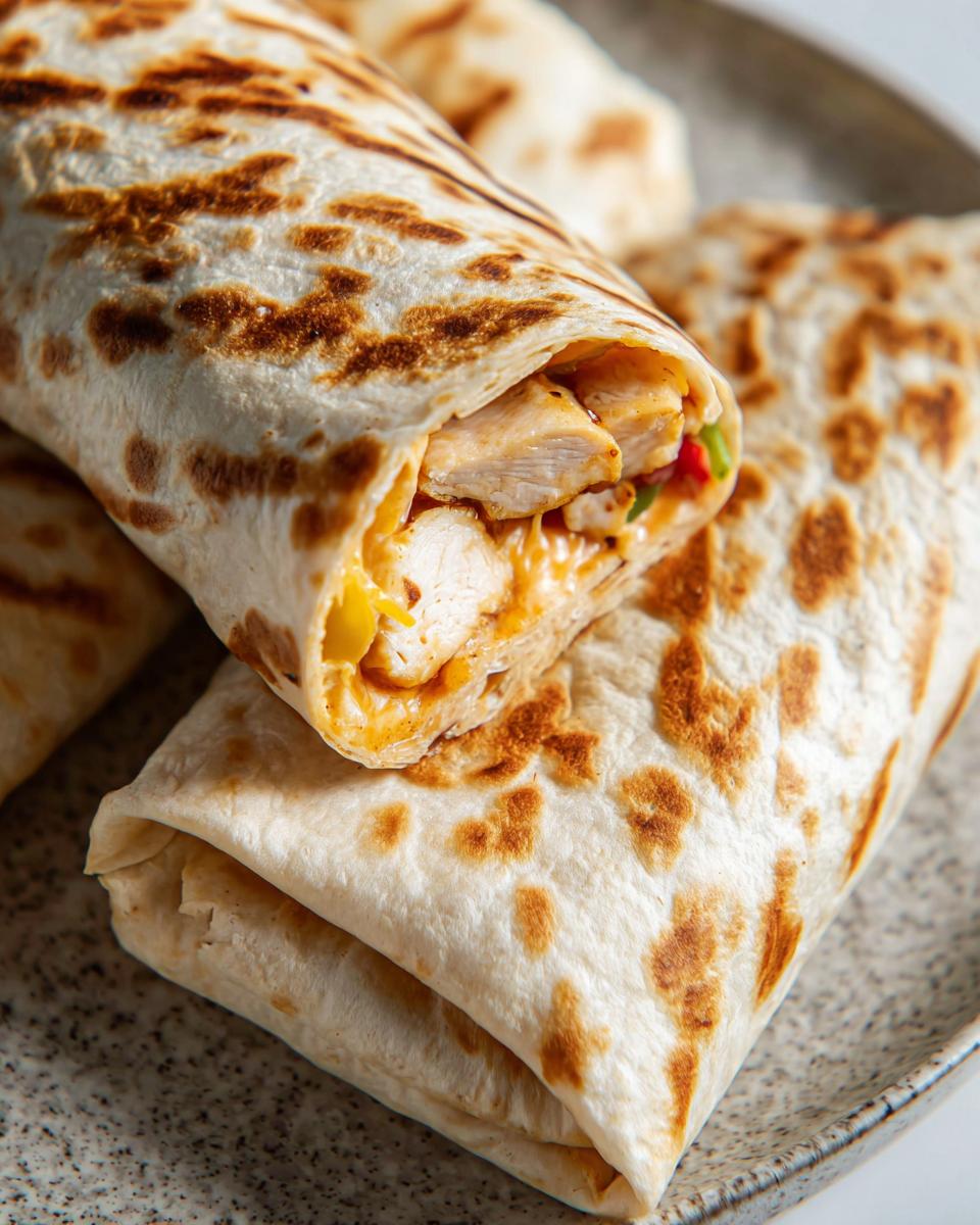 Close-up of an Easy Chipotle Ranch Grilled Chicken Burrito, showing grilled chicken, melted cheese, and a toasted tortilla.