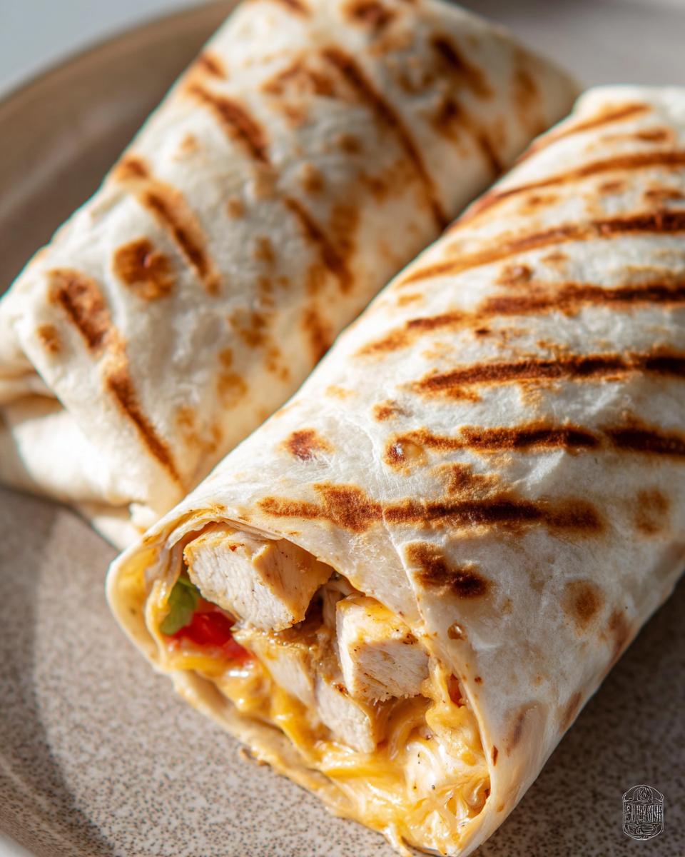 Close-up of an Easy Chipotle Ranch Grilled Chicken Burrito, showing grilled tortilla and chicken filling.
