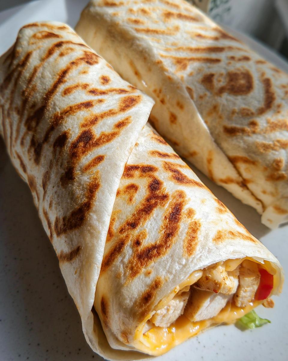 Close-up of an Easy Chipotle Ranch Grilled Chicken Burrito, showing grilled chicken, melted cheese, and lettuce.