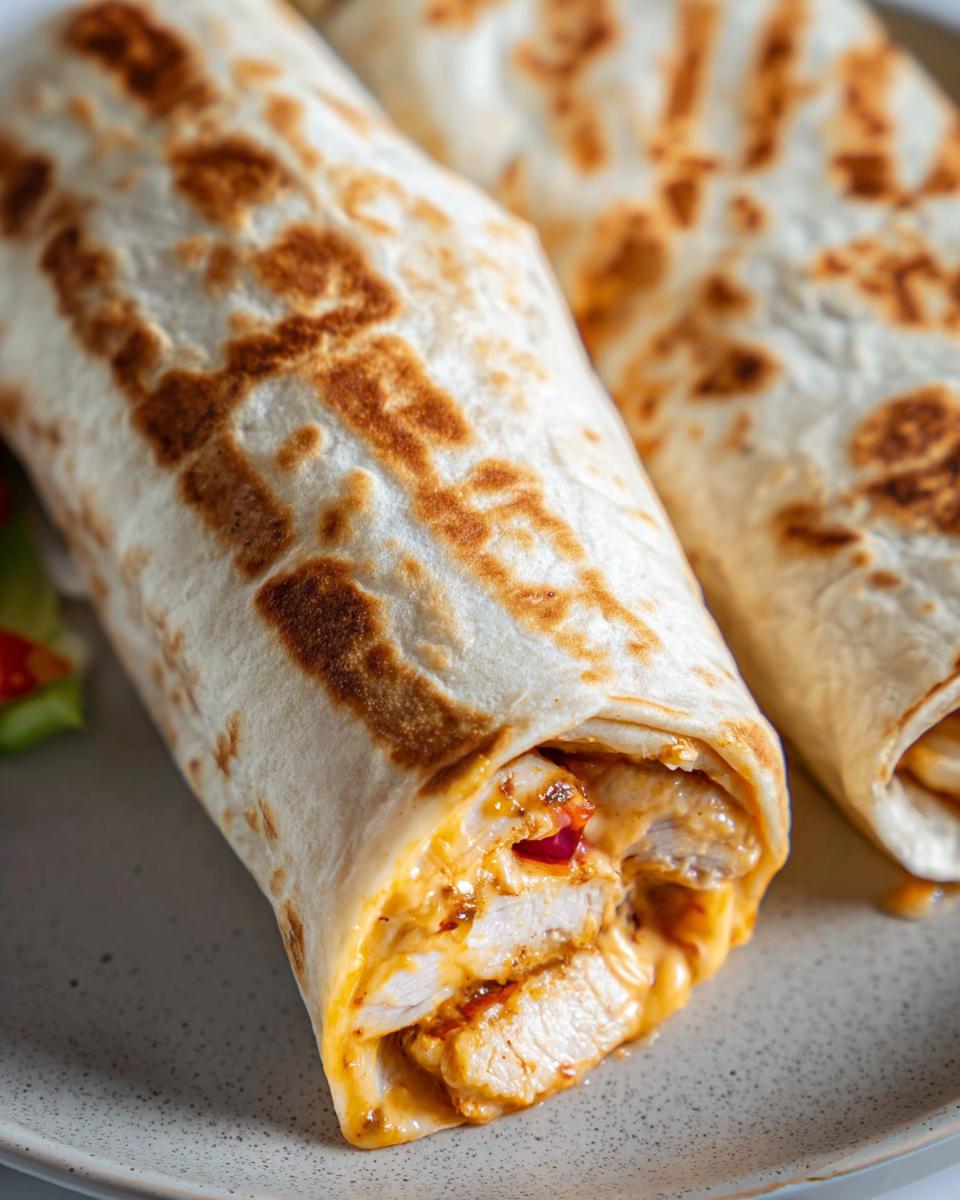 Close-up of an Easy Chipotle Ranch Grilled Chicken Burrito, showing sliced chicken and melted cheese spilling out.