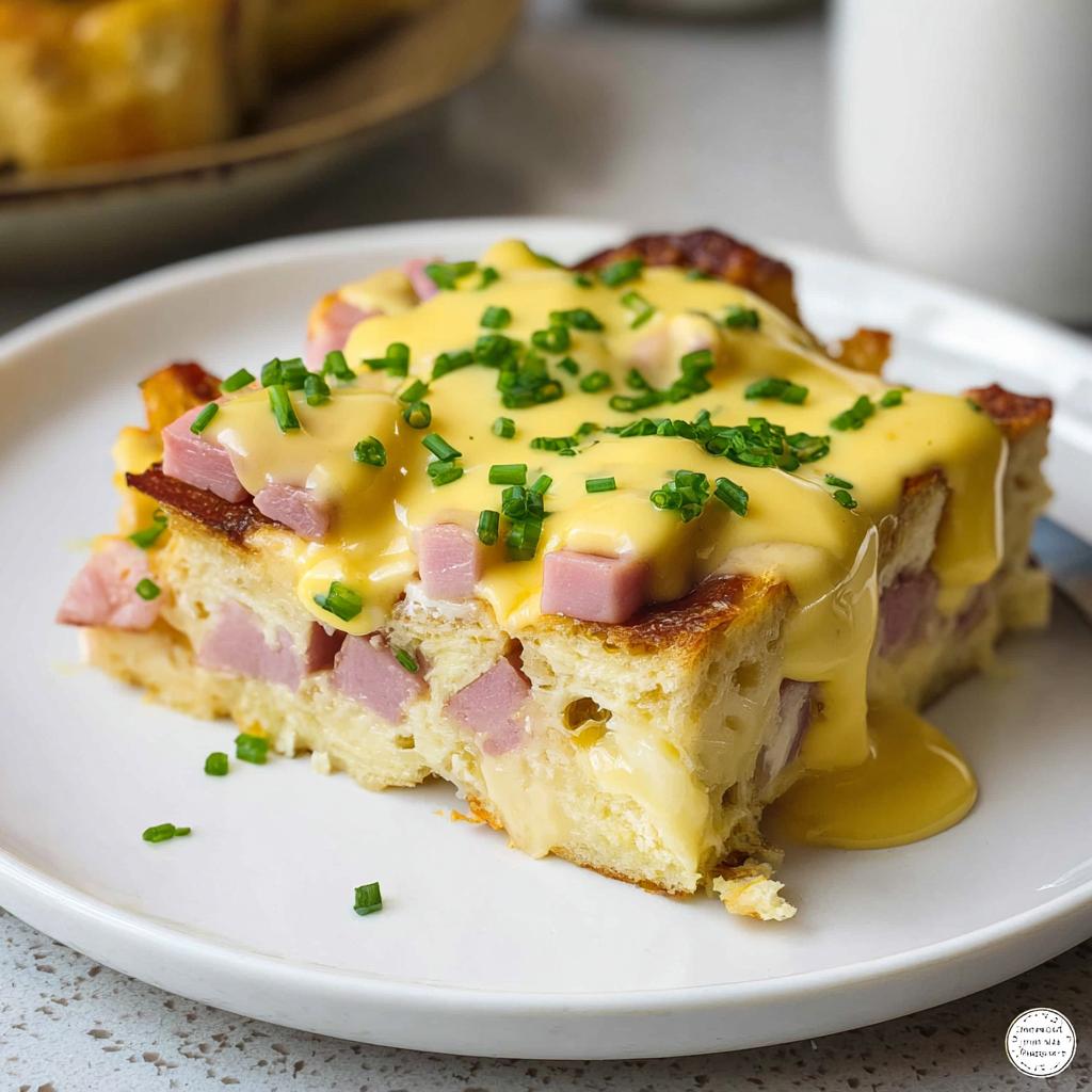 A slice of Easy Eggs Benedict Casserole topped with hollandaise sauce and chives, featuring ham and bread.