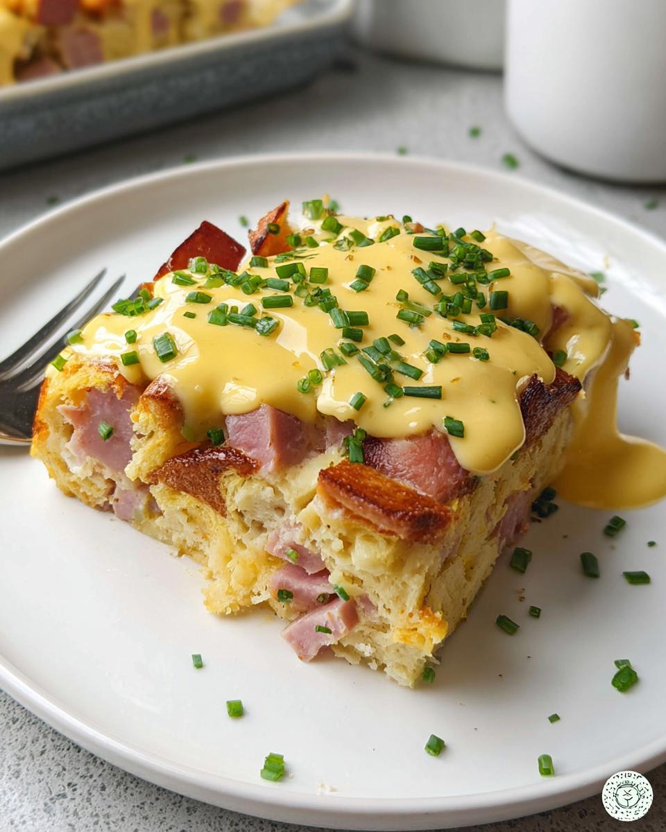 A slice of Easy Eggs Benedict Casserole topped with hollandaise sauce and chives.