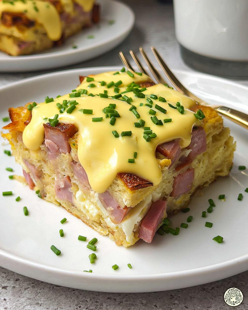 A slice of Easy Eggs Benedict Casserole topped with creamy hollandaise sauce and fresh chives.