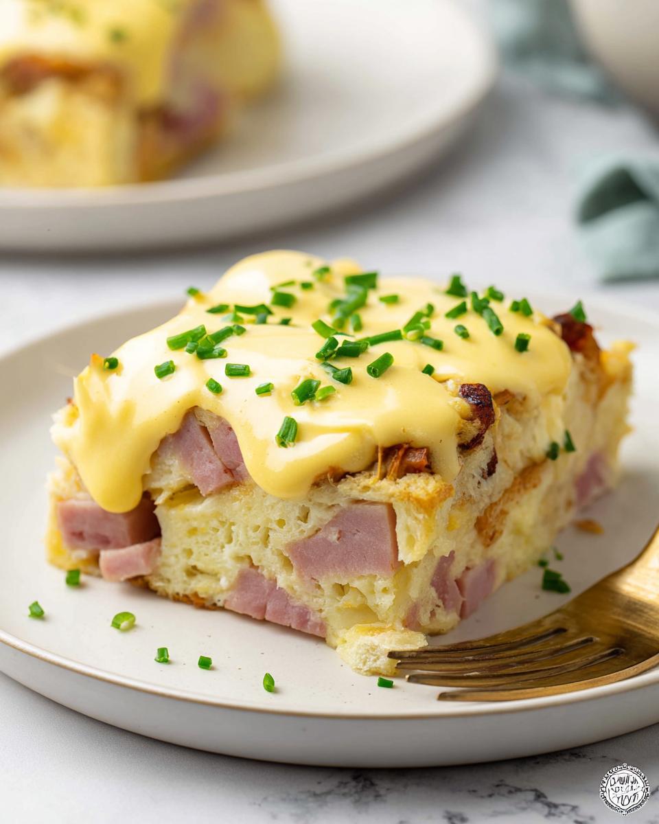 A delicious slice of Easy Eggs Benedict Casserole topped with hollandaise sauce and chives, featuring ham and bread.