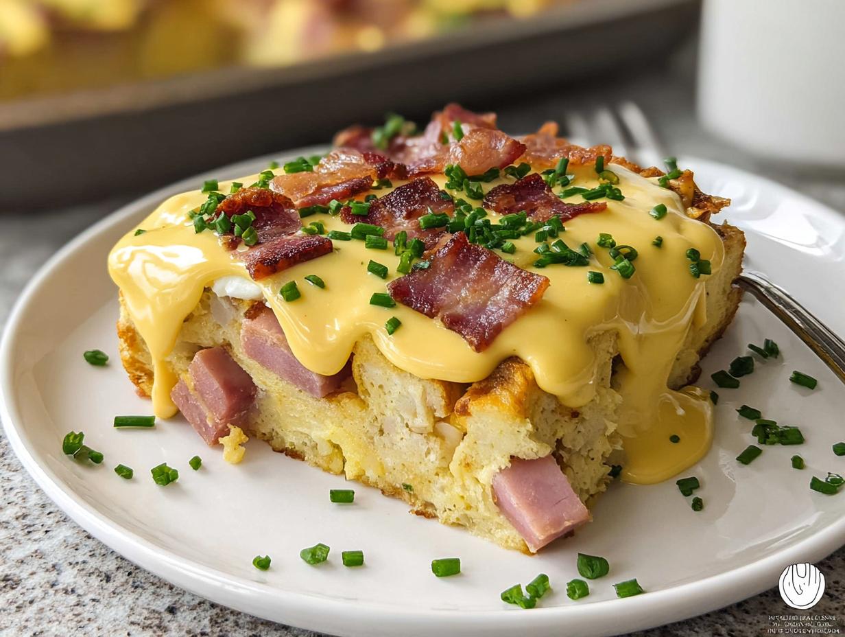 A slice of easy Eggs Benedict Casserole topped with creamy hollandaise sauce, crispy bacon, and chives.