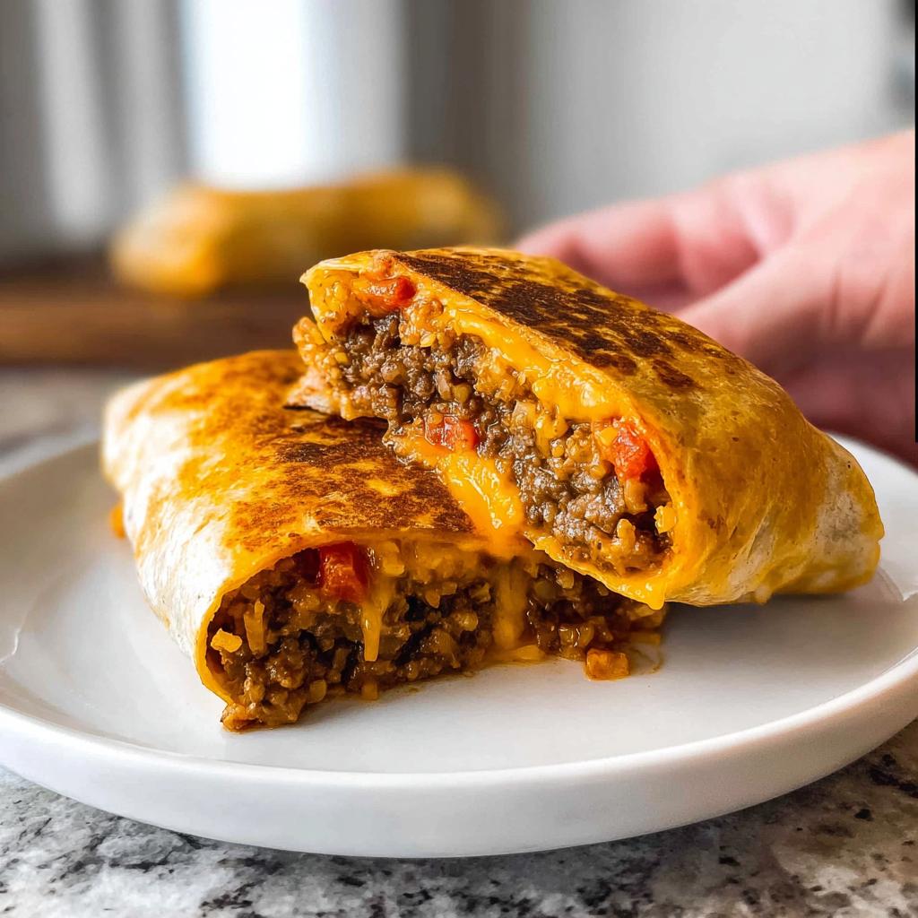 A close-up of an Easy Grilled Cheese Burrito Copycat Recipe cut in half, revealing cheesy meat and rice filling.