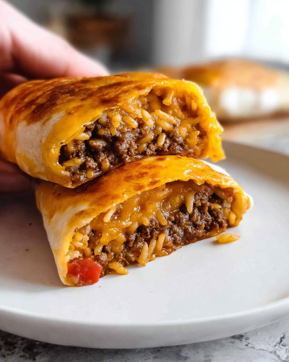 Close-up of an Easy Grilled Cheese Burrito Copycat Recipe cut in half, showing seasoned ground beef and rice filling with melted cheese.