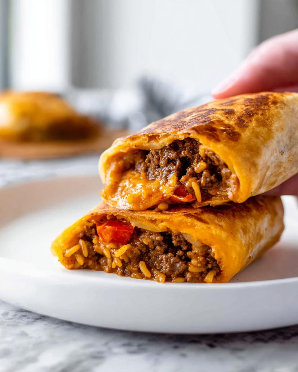 Close-up of a cut-open Easy Grilled Cheese Burrito Copycat Recipe, showing seasoned ground beef, rice, and melted cheese.