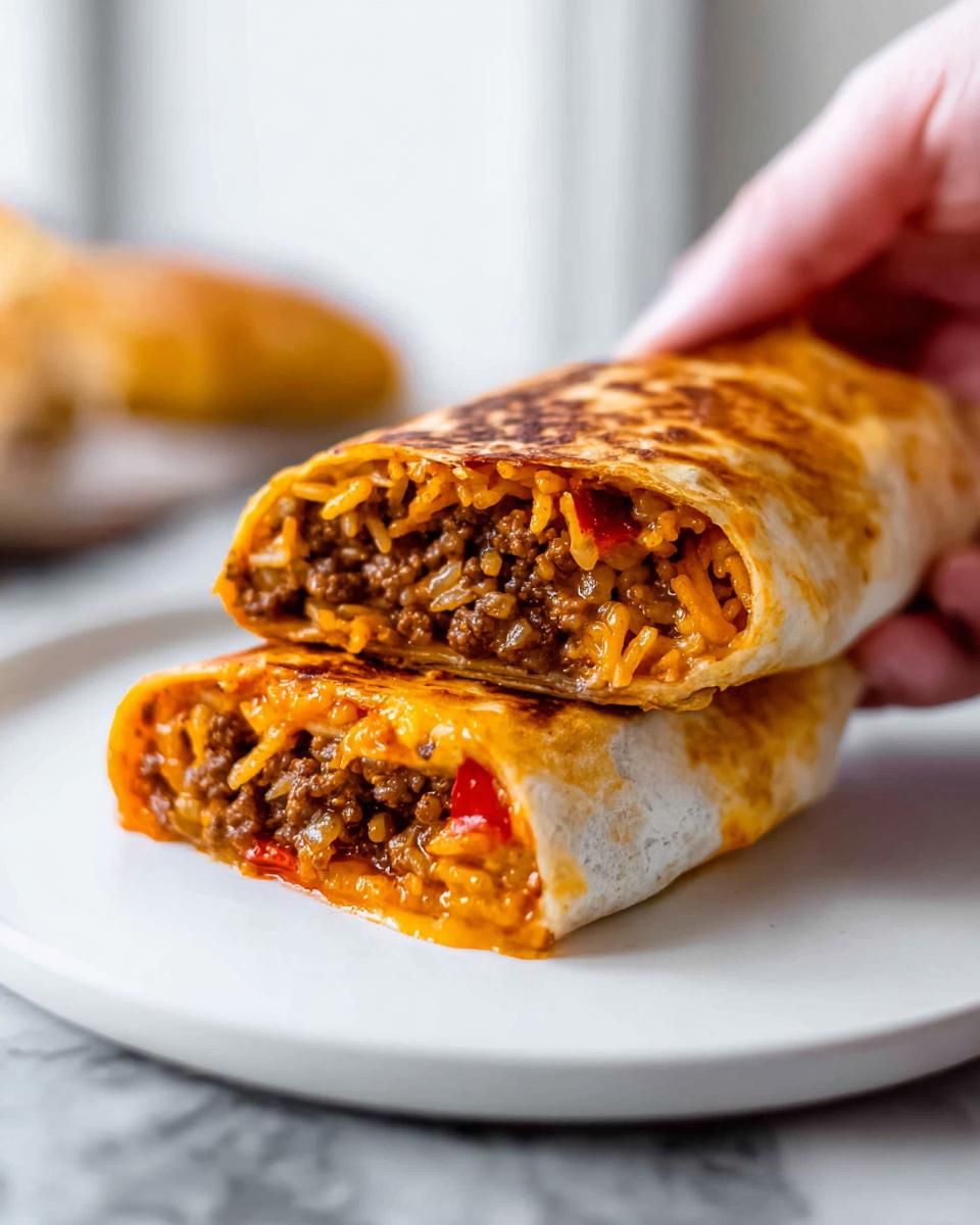 Close-up of a grilled cheese burrito copycat recipe, cut in half, revealing seasoned ground beef, rice, and melted cheese.