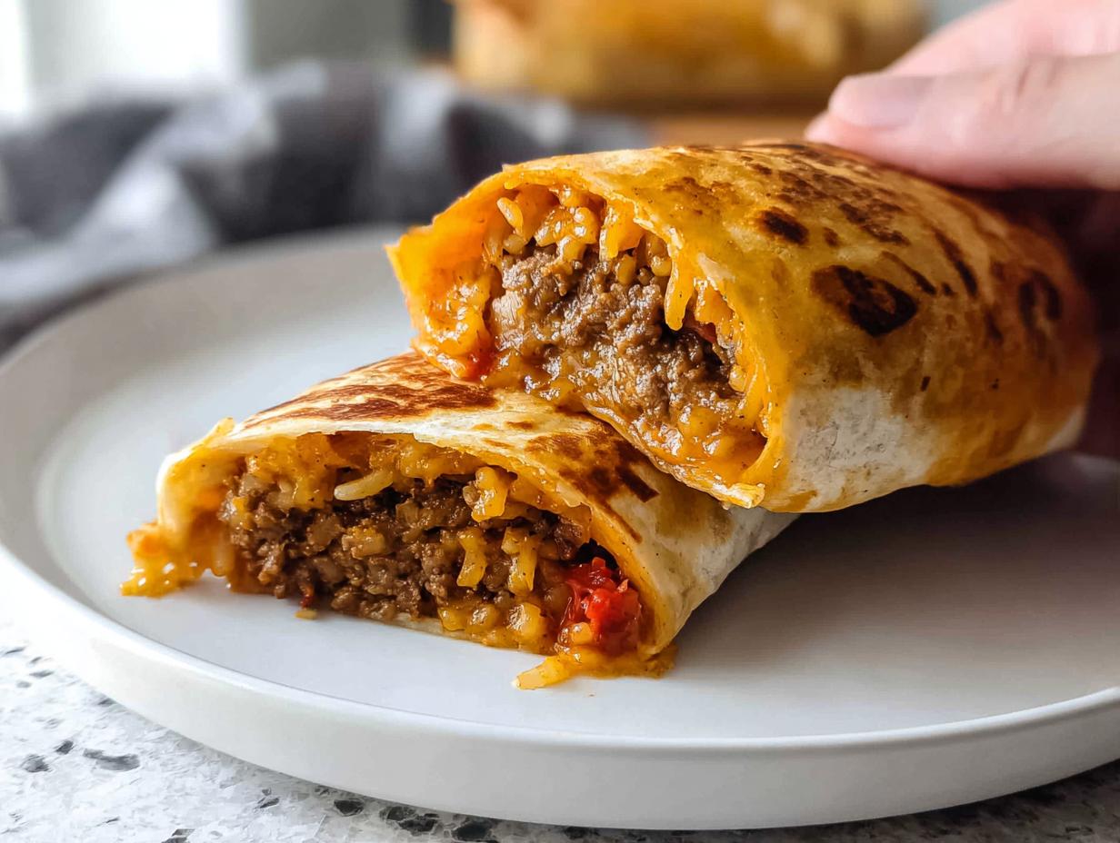 A close-up of an Easy Grilled Cheese Burrito Copycat Recipe cut in half, showing seasoned ground beef and rice filling with melted cheese.