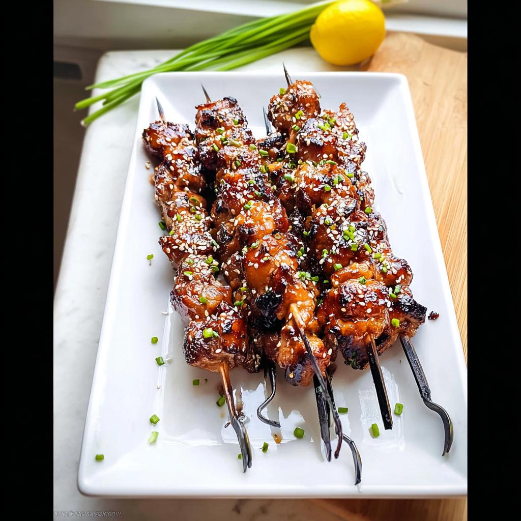 A platter of glossy, glazed Easy Japanese Chicken Yakitori Skewers, sprinkled with sesame seeds and chives.