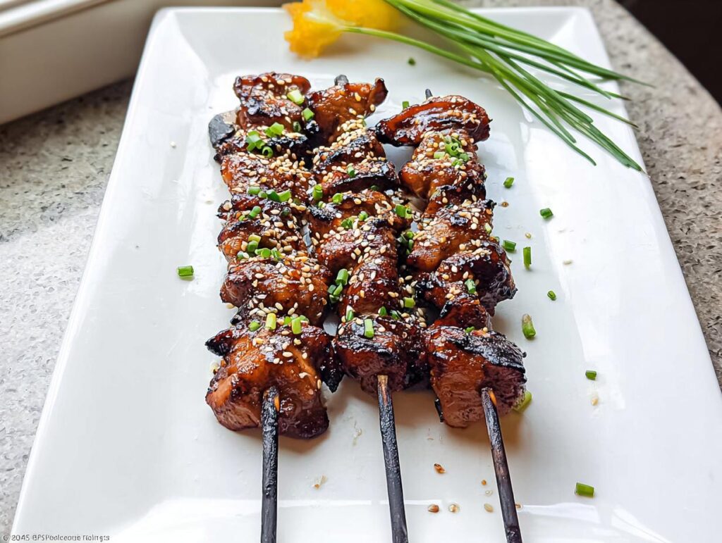 Three skewers of glistening Easy Japanese Chicken Yakitori, sprinkled with sesame seeds and chopped green onions.