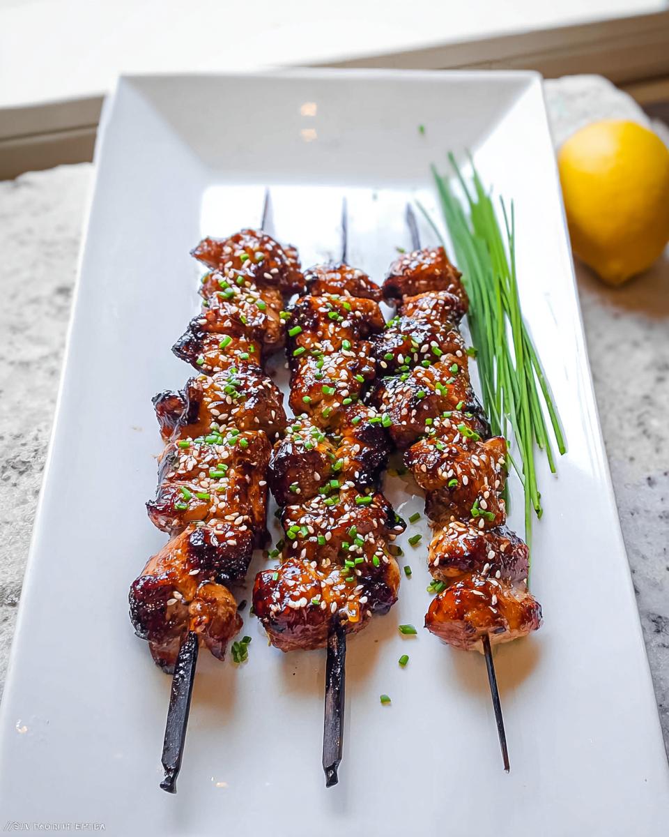 Close-up of three Easy Japanese Chicken Yakitori Skewers glazed and sprinkled with sesame seeds and chives.
