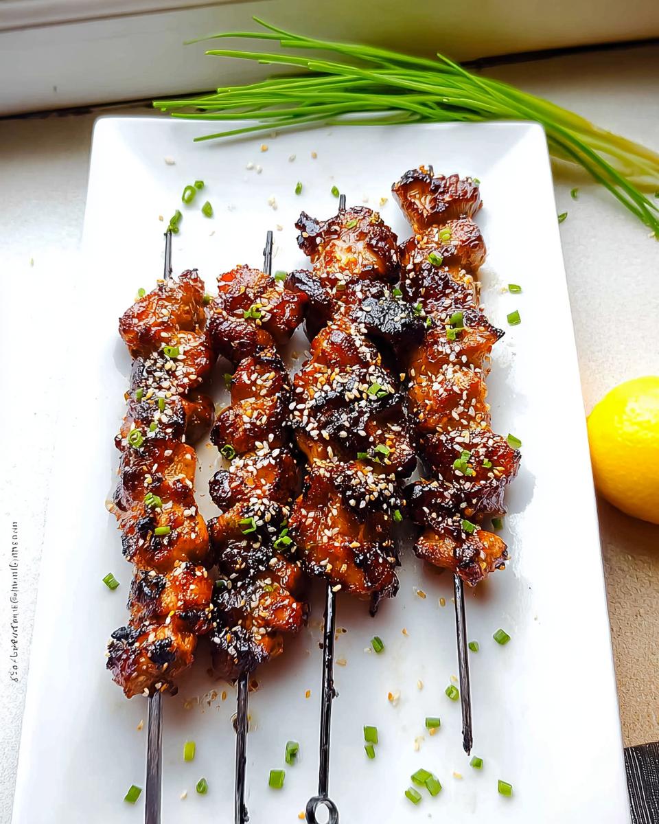 A plate of glistening Easy Japanese Chicken Yakitori Skewers, sprinkled with sesame seeds and chopped green onions.