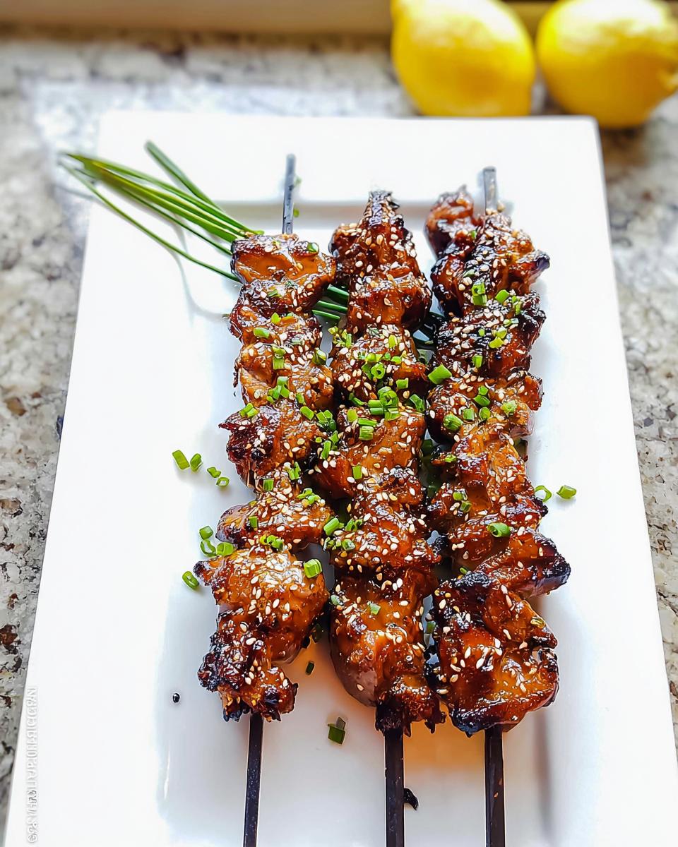 Close-up of Easy Japanese Chicken Yakitori Skewers glazed and sprinkled with sesame seeds and chives.